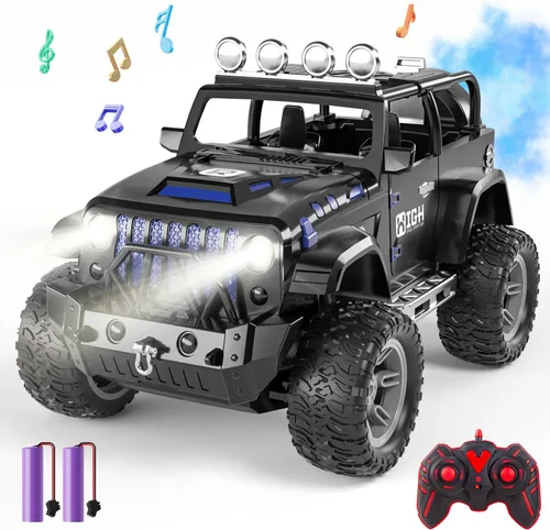 Auto de control remoto 1:16 con aerosol, luces y sonido, Jeep de control remoto de 2.4 GHz para niños, todo terreno, todoterreno, Jeep RC, juguete