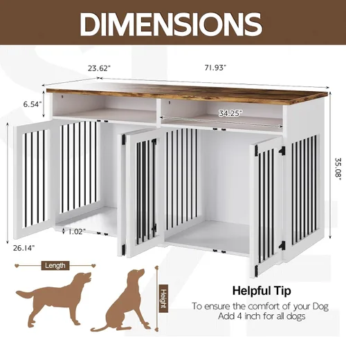 Miniatura 2 de Jaula para perros de 72 pulgadas para 2 perros, jaula de madera para perros con compartimento de almacenamiento, perrera de interior con 4 puertas