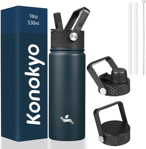 Miniatura 43 de Konokyo - Botella de agua aislada de 18 onzas, botellas deportivas de acero inoxidable con 3 tapas, verde militar