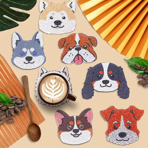 Miniatura 5 de 8 piezas de posavasos de pintura de diamantes en forma de perro para bebidas, kits de pintura de diamantes de perro DIY con soporte, posavasos