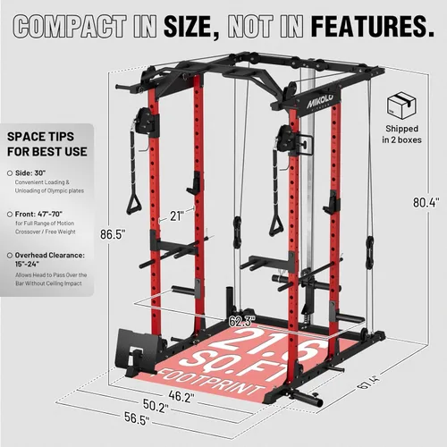 Miniatura 3 de Mikolo Jaula de Potencia, Rack de Potencia con Sistema de Cruce de Cables, 1500LBS Rack para Sentadillas con Sistema de Jalón LAT, Jaula de Rojo