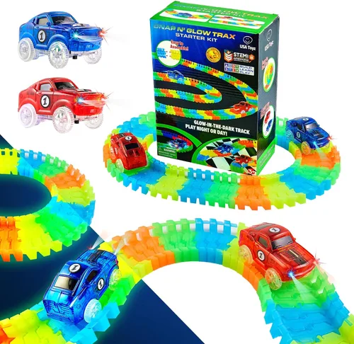 Kit de inicio de pistas de resplandor USA Toyz Pistas de carreras y 2 coches de juguete LED - 216 piezas Juego de pistas de carreras flexibles y