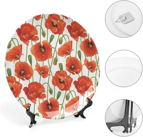 Miniatura 4 de XISUNYA Plato decorativo de 8 pulgadas, plato de cena de decoración de amapola, flores de amapola, brotes de agua, estampado de gotas de agua