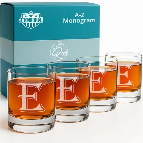 Miniatura 11 de On The Rox Drinks Juego de 4 vasos de vidrio grabados con monograma B, 11 onzas