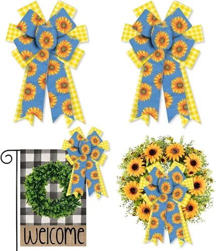Estivaux 2 lazos de girasoles de primavera para corona, lazos de corona de verano, lazos amarillos y blancos a cuadros, lazos de arpillera azules,