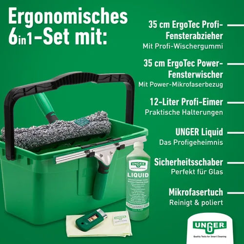 Miniatura 2 de Unger AK015 Kit de limpieza de ventanas PRO Set – Funda para lavadora eléctrica, escobilla ErgoTec, cubo 18L, limpiador líquido de vidrio 1L