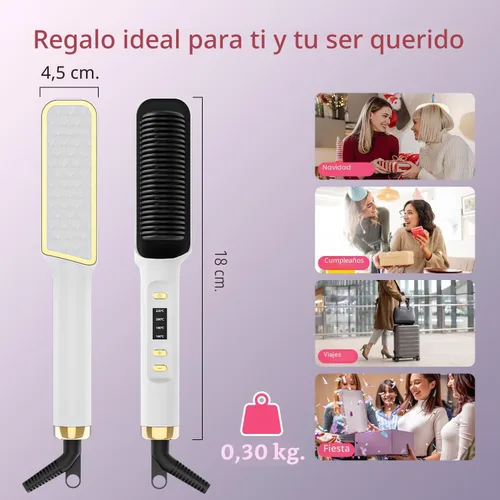 Miniatura 8 de Cepillo alisador de cabello, plancha alisadora de cabello con peine integrado, 4 ajustes de temperatura y pantalla LED, seguridad antiquemaduras