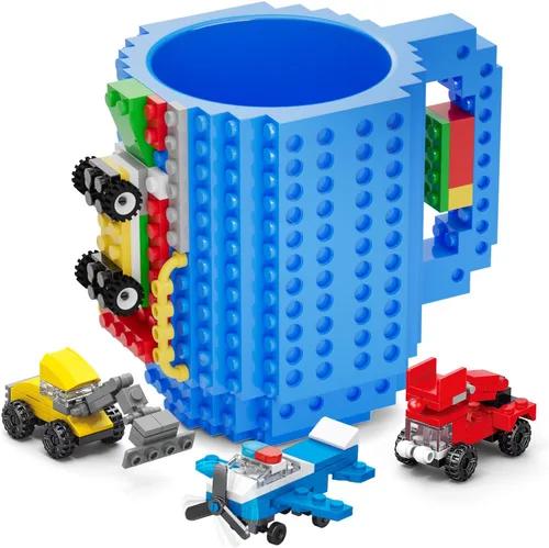 DAYMOO Juego de tazas de ladrillo integradas con 3 paquetes aleatorios de ladrillos 2 en 1, tazas de café geniales para niños, creativas, Azul