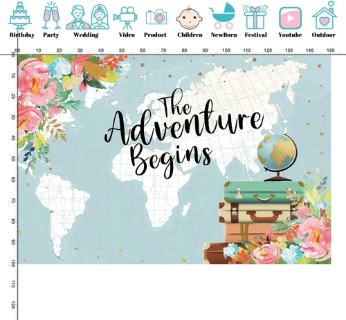 Miniatura 2 de 5x3ft Fabric Spring Floral The Adventure Begins Backdrop World Map Flower Baby Adventure Party Banner Washable Background SK0334A
