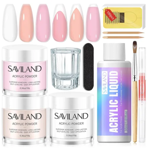 Miniatura 27 de Saviland Kit de iniciación de uñas acrílicas: polvo y líquido acrílico rosa claro nude, cepillo, limas, formularios, uñas a presión, juego