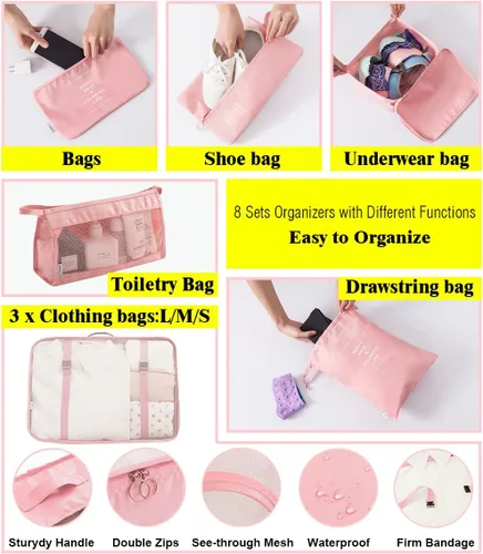 Miniatura 3 de fancyou - Juego de 8 cubos de embalaje para maletas, organizadores de equipaje, bolsa de almacenamiento grande, ligera e impermeable, bolsa