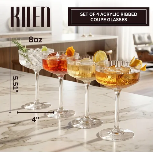 Miniatura 2 de Khen Juego de 4 vasos de cóctel vintage Art Deco inastillables de 8 onzas de acrílico transparente acanalado ondulado estilo europeo, copas
