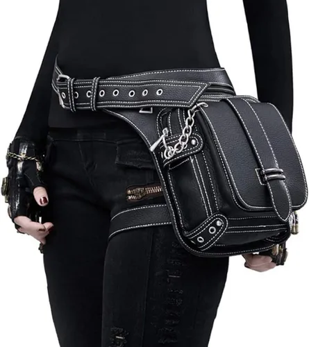 Riñonera gótica, punk, táctica, para exteriores, bicicleta, motocicleta, ciclismo, senderismo, riñonera para cadera/muslo, bolsa de hombro negra
