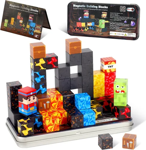 SYSKENI Juego de 35 Bloques Magnéticos de Viaje, Mini Bloques Magnéticos Juguetes de Viaje para Niños de 3-5 y 4-8 Años, Cubos Magnéticos Portátiles