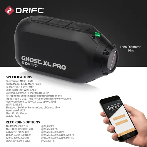 Miniatura 7 de DRIFT Ghost XL PRO Cámara de acción deportiva 4K deporte WiFi IPX7 impermeable portátil transmisión en vivo Vlog motocicleta casco cam XLPRO-4K