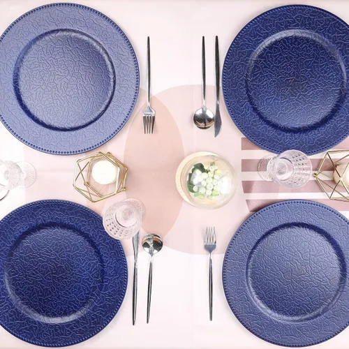 Miniatura 3 de Platos de carga azul marino con bordes abalorios, juego de 6 platos de plástico para bodas a granel para platos de cena, decoración de mesa