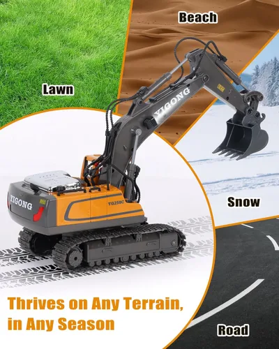 Miniatura 5 de HuiJuKeJi Juguete de excavadora de control remoto de 11 canales, vehículo de construcción RC recargable de 2.4 GHz para niños, rotación de 680°