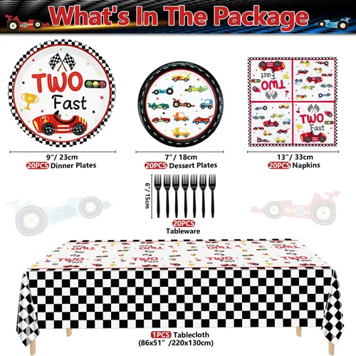 Miniatura 2 de 81 piezas de decoraciones para fiesta de segundo cumpleaños Two Fast Race Car - Platos de autos de carreras, servilletas, mantel para fiesta