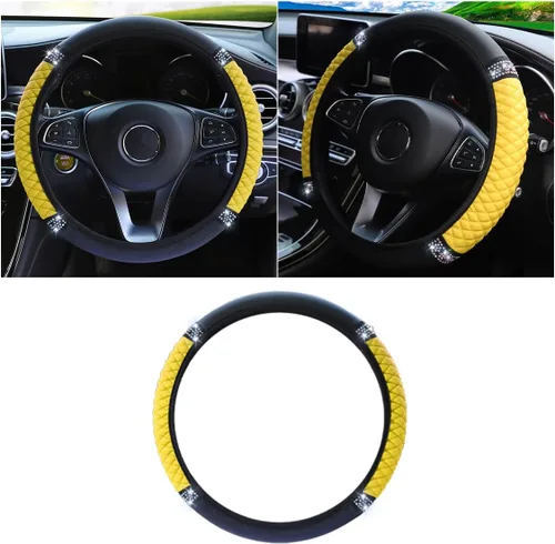 Miniatura 8 de Funda de cuero suave para volante, 15 pulgadas, con diamantes de imitación coloridos y elásticos para mujeres y niñas, accesorios de automóvil