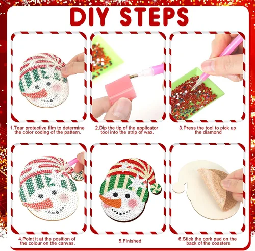 Miniatura 3 de Juego de 12 posavasos de pintura de diamantes de Navidad con soporte para arte de diamantes de Navidad en julio, para adultos, suministros de arte