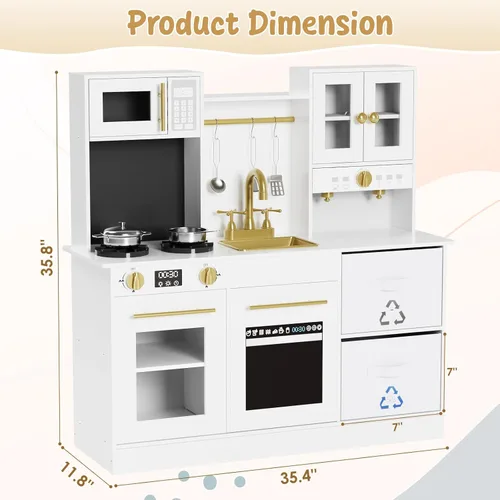 Miniatura 2 de MAMIZO Cocina de juego para niños, cocina de juguete de simulación de madera, juego de cocina Toodler, estufa con luz y sonido, fregadero, Blanco