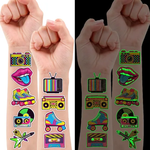 Miniatura 2 de 96 piezas de tatuajes temporales precortados que brillan en la oscuridad de los años 80 para decoración de fiesta de cumpleaños, suministros