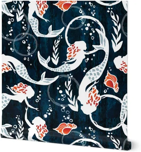 Papel tapiz para despegar y pegar – Acuarela Sirena Natación Azul Marino Algas Coral Sirena Papel pintado extraíble personalizado por Spoonflower