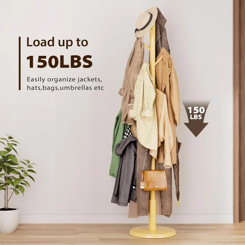 Miniatura 9 de Taitiy Perchero de madera maciza independiente con 10 ganchos para dormitorio, sala de estar, entrada, soporte resistente para colgar sombreros