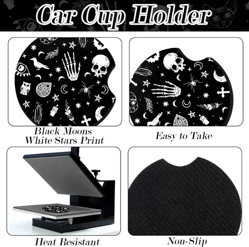Miniatura 5 de Juego de 4 piezas de accesorios para auto con estampado de lunas negras y estrellas blancas, funda para volante con estampado de lunas negras