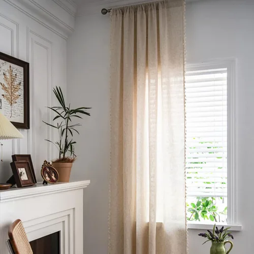 Miniatura 39 de Deeprove Cortinas bohemias para dormitorio, rayas huecas de ganchillo crema y estampado floral, tela de lino de algodón, con borlas beige bohemias