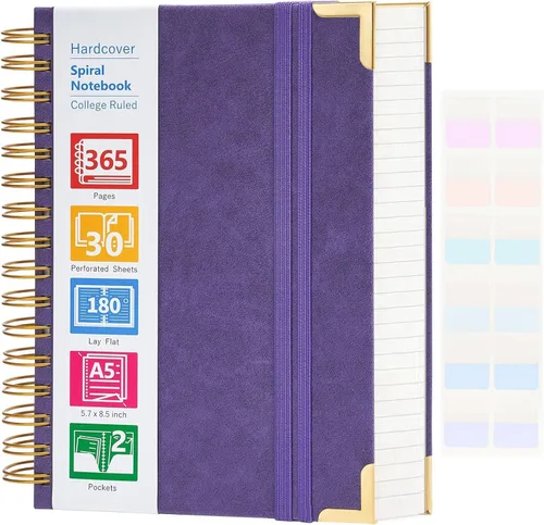 Cuaderno de espiral, cuaderno de cuero de tapa dura de 365 páginas, diario grande con rayas A5 para mujeres y hombres, cuadernos con rayas