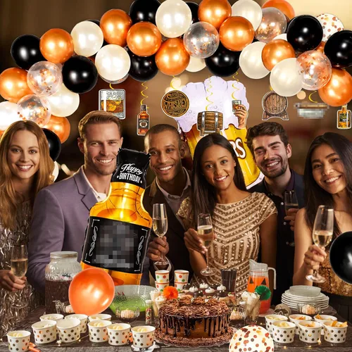 Miniatura 4 de Bluegogo Decoraciones de fiesta de whisky para hombres, kit de 82 piezas envejecidas a la perfección con globos de aluminio, telón de fondo