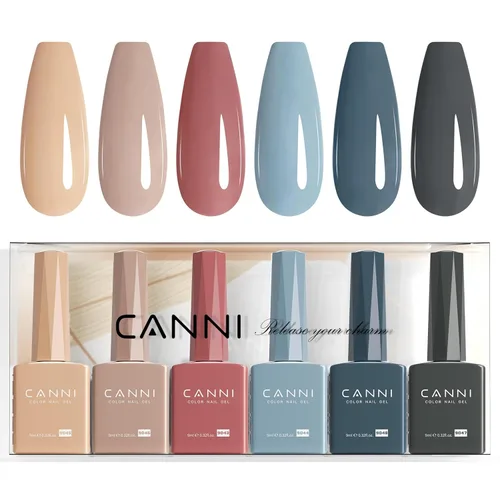 CANNI Juego de esmaltes de uñas de gel marrón sin hema, 6 colores de 0.3 onzas líquidas, kit de esmalte de gel de color marrón claro, azul nude, kit