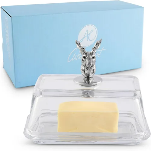 Miniatura 6 de Arthur Court Mantequillera de vidrio con tapa con perilla de bellota, diseño clásico de 2 piezas, tapa y sostiene un palo estándar de mantequilla