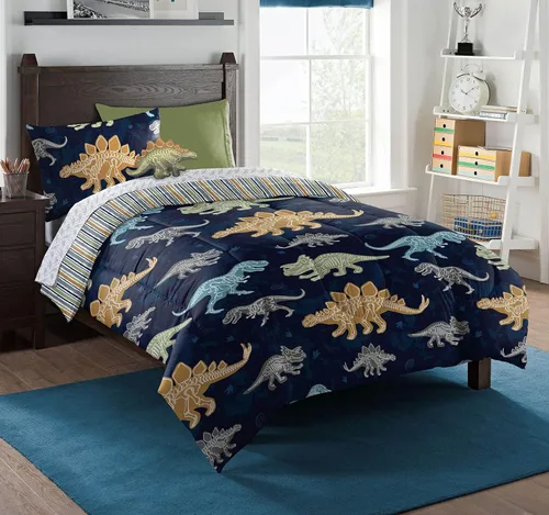 Northwest Classics Dino Discovery - Juego de ropa de cama de 6 piezas que brilla en la oscuridad, ropa de cama para todas las estaciones para niñas