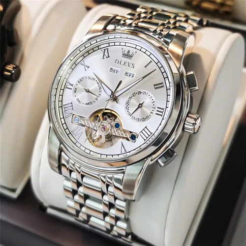 Miniatura 2 de OLEVS Reloj automático para hombre, cuerda automática, mecánica, de lujo, de acero inoxidable, multicalendario, impermeable, luminoso, reloj