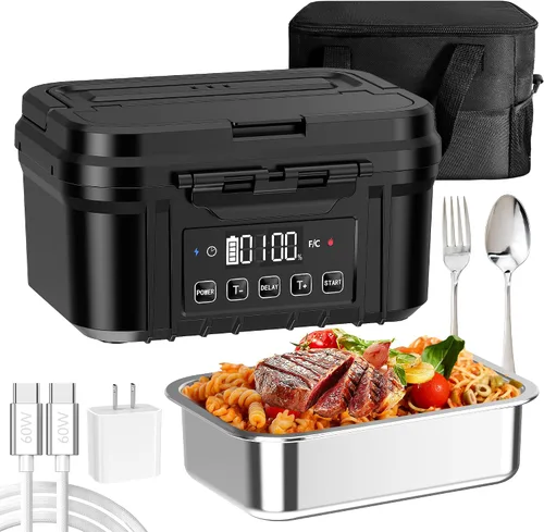 Miniatura 9 de Fiambrera eléctrica inalámbrica para adultos – Fiambrera calentada a batería con recipiente de acero inoxidable de 1.2 L, función de temporizador