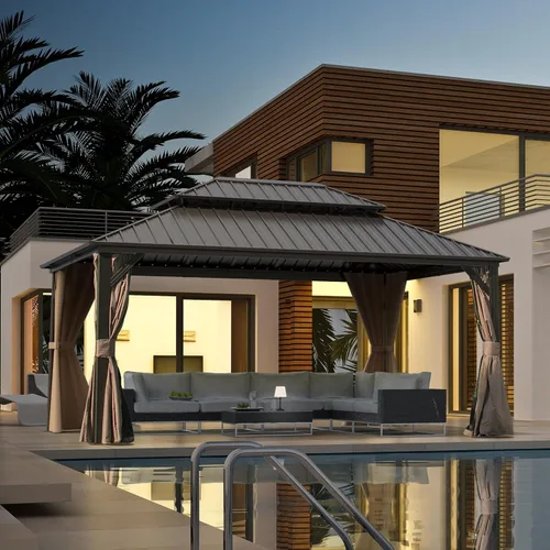 Miniatura 2 de Domi - Cenador de techo rígido de 8 x 8 pies con malla y cortinas, cenador para exteriores con techo doble de acero galvanizado para patio, césped