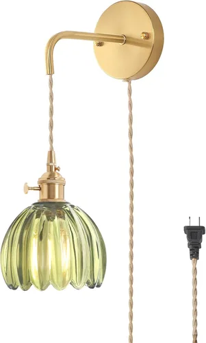 Miniatura 13 de Shenmoyl Candelabro de Pared Operado por Batería con Soporte de Cadena Ajustable, Patrón de Tulipán Verde, Vidrio con Diseño Retro en Oro, Lámpara