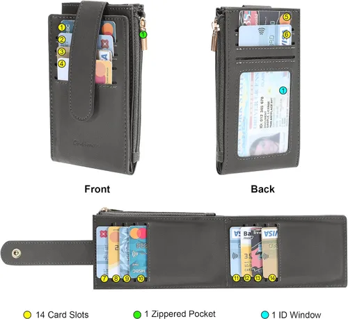 Miniatura 3 de Chelmon Billetera delgada para mujer, con bloqueo RFID, plegable, con bolsillo con cremallera, Gris oscuro con llavero, Minimalista