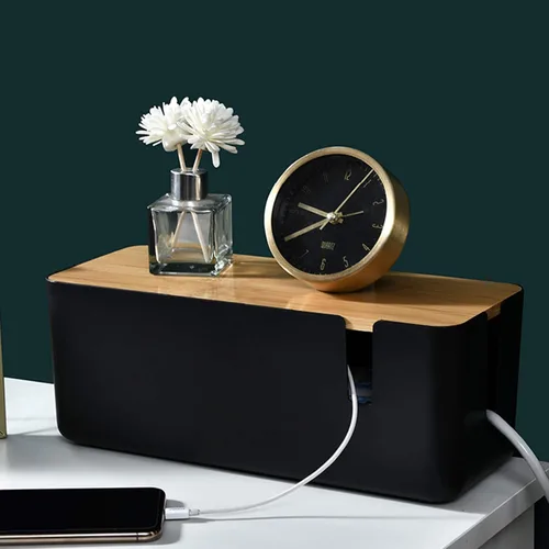 Miniatura 4 de Changsuo Caja de organización de cables con tapa de bambú, pequeña caja organizadora de cables para cable de extensión, protector de sobretensiones