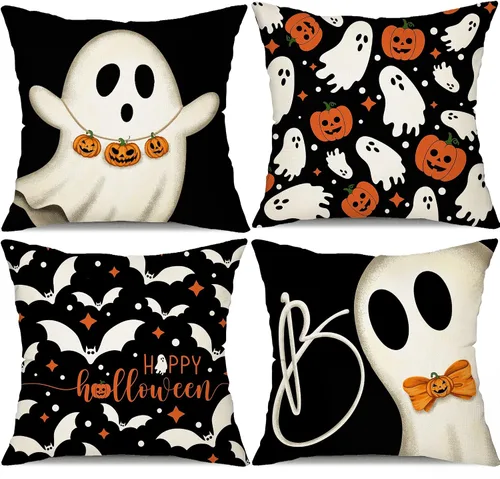 DFXSZ Juego de 4 fundas de almohada de Halloween de 18 x 18 pulgadas, decoraciones de Halloween, calabazas fantasmas, murciélagos, decoración de