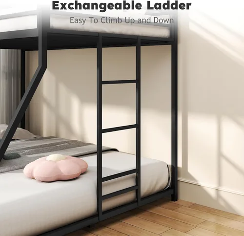 Miniatura 5 de Zevemomo - Litera de cama individual sobre cama matrimonial, literas de metal de bajo perfil con barandilla de seguridad de longitud completa
