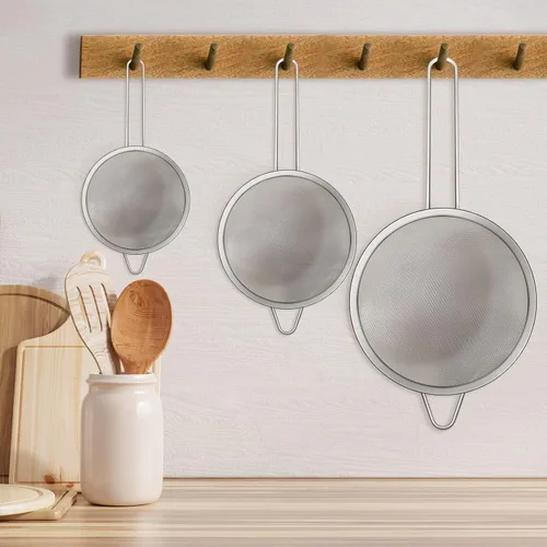 Miniatura 6 de Juego de 3 cucharas de malla fina de acero inoxidable colador de tamiz de acero inoxidable, colador multifuncional para alimentos con mango largo