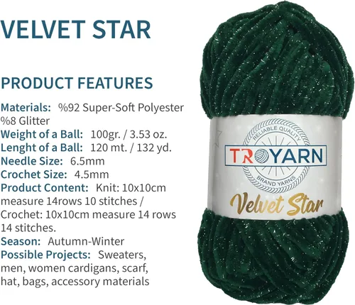Miniatura 8 de Troyarn Velvet Star (Paquete de 3 Madejas) - Ovillo de felpilla con purpurina plateada para manta de bebé, hilo amigurumi, para ganchillo y tejer