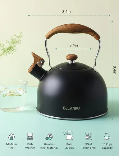 Miniatura 5 de Hervidor de Té, BELANKO 85 OZ / 2.5 Litros Hervidor de Té Silbante, Teteras para Estufa de Acero Inoxidable Grado Alimentario con Mango Plegable