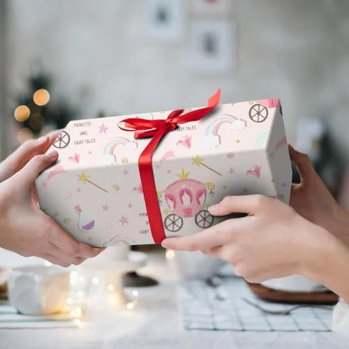 Miniatura 6 de Papel de regalo rosa, 4 hojas plegadas, papel de estraza para envolver cumpleaños, castillo, carruaje, cuentos de hadas, papel mágico de regalo
