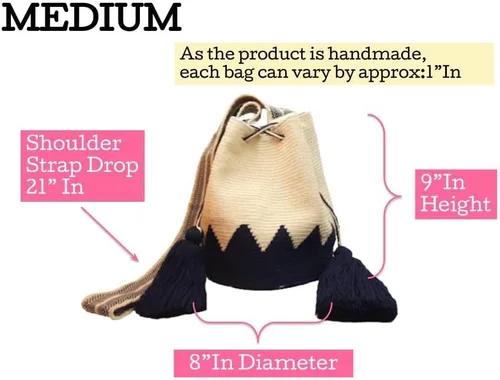 Miniatura 3 de Wayuu - Mochila para mujer, bolso de ganchillo, bolsas bohemias colombianas, hecha a mano con borlas grandes y bonitas, Azul y beige-mediano, M