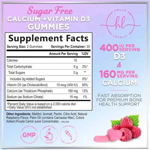 Miniatura 2 de Gomitas de calcio con vitamina D3 10 mcg por porción, suplementos de calcio sin azúcar para fortaleza ósea, dientes y apoyo a la salud inmunológica