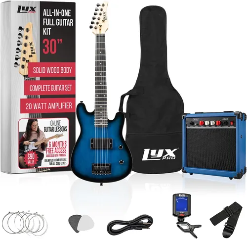 LyxPro Kit de guitarra eléctrica de 30 pulgadas para niños con guitarra de iniciación de tamaño 3/4, amplificador, seis cuerdas, dos púas, correa